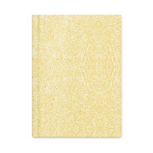 May include: A rectangular notebook with a yellow and white abstract pattern. The design features a complex network of lines and shapes, creating a textured appearance. The notebook is viewed from a top-down perspective.