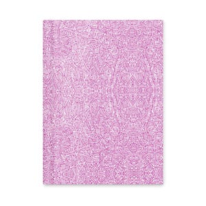 May include: A rectangular artwork featuring a complex, symmetrical pattern in shades of pink and white. The design is composed of numerous intersecting lines and shapes, creating a textured, interwoven appearance. The overall effect is intricate and visually engaging.