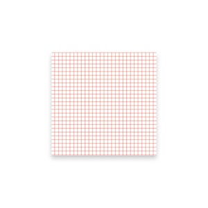 Könnte beinhalten: Ein quadratischer, weißer Notizblock mit einem Rastermuster aus dünnen, rotbraunen Linien. Das Raster ist gleichmäßig angeordnet und bildet eine Reihe kleiner Quadrate auf der Oberfläche des Papiers. Der Notizblock ist auf einem weißen Hintergrund zentriert.