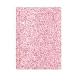 May include: A rectangular notebook with a complex, repeating pattern in shades of red. The design features a network of interconnected lines and shapes, creating a visually intricate and detailed surface. The notebook's cover is a solid color.