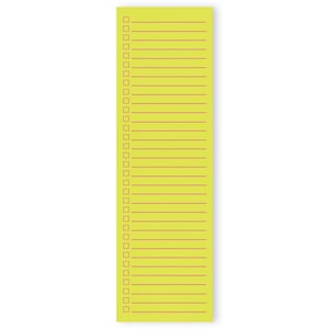 May include: A long, rectangular notepad with a bright yellow background. The notepad features a series of horizontal lines in a reddish-orange color, with small check boxes on the left side of each line. The notepad is designed for list-making and note-taking.