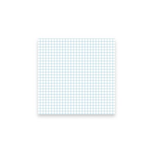 Könnte beinhalten: Ein quadratischer, weißer Notizblock mit einem hellblauen Rastermuster. Die Gitterlinien sind gleichmäßig angeordnet und bilden eine Reihe kleiner Quadrate auf der Oberfläche des Papiers. Der Notizblock ist sauber und schlicht.