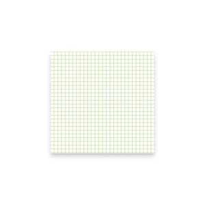 Könnte beinhalten: Ein quadratischer, weißer Notizblock mit einem hellgrünen Rastermuster. Die gleichmäßig verteilten Linien erzeugen ein kariertes Papier-Aussehen. Der Notizblock ist auf einem weißen Hintergrund zentriert.