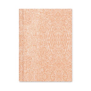 May include: A rectangular notebook with a repeating pattern of orange lines on a white background. The design features a complex network of interconnected shapes and lines, creating a textured appearance. The notebook is likely for writing or sketching.