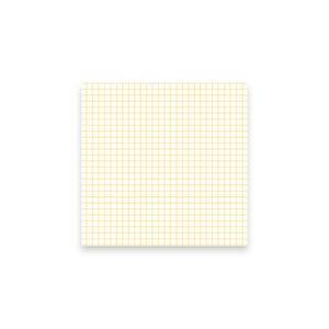 Może przedstawiać: Kwadratowy, biały notatnik z żółtym wzorem kratki. Linie kratki są równomiernie rozmieszczone, tworząc wzór małych kwadratów. Notatnik jest umieszczony na białym tle.