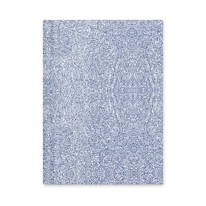 May include: A rectangular piece of fabric or paper with a detailed, abstract pattern. The design features a complex network of interconnected lines in shades of blue against a white background. The overall effect is intricate and visually engaging.