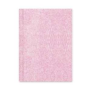 May include: A rectangular piece of paper with a pink and white abstract design. The pattern is composed of intricate lines and shapes, creating a complex, symmetrical visual texture. The overall aesthetic is artistic and decorative.