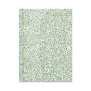 May include: A rectangular notebook with a repeating pattern of interconnected green lines on a white background. The design features a complex network of geometric shapes and organic lines, creating a textured appearance. The notebook is likely for writing or sketching.