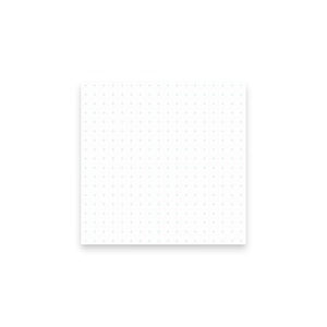 Puede incluir: Un bloc de notas cuadrado blanco con una cuadrícula de puntos y una sombra sutil. Los puntos están espaciados uniformemente y son de color gris claro. El bloc de notas está centrado sobre un fondo blanco, lo que sugiere un diseño limpio y minimalista.
