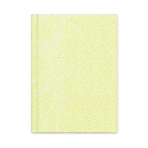 May include: A closed notebook with a bright yellow cover. The cover features a repeating pattern of thin, white, abstract lines. The notebook is rectangular and appears to be new.