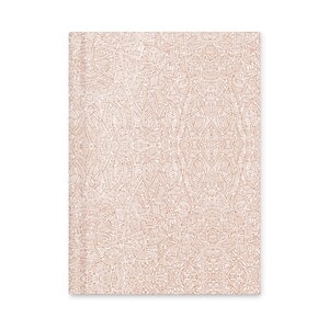 May include: A rectangular, off-white notebook with a repeating pattern of interconnected, thin, brown lines. The lines create a complex, symmetrical design across the entire surface of the notebook.