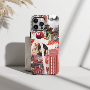 Vintage Londen collage telefoonhoesje, Londen meisje telefoonhoesje, reiscadeau, iPhone 15 14 13 12 11 Pro Max 8 Plus X, Samsung Galaxy S23 S22 S20