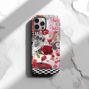 Bold Edgy Red Collage Phone Case, Cherry Phone Case, Bombshell Aesthetic, iPhone 15 14 13 12 11 Pro Max 8 Plus X, Samsung Galaxy S23 S22 S20