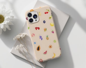 Dainty Fruit Collage Phone Case, Summer Fruit, Minimalist Aesthetic, iPhone 16 15 14 13 12 11 Pro Max 8 Plus X, Samsung Galaxy S23 S22 Ultra
