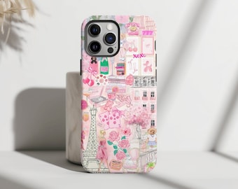 Elegant Coquette Collage-telefoonhoesje, preppy roze telefoonhoesje, thema Parijs, iPhone 15 14 13 12 11 Pro Max 8 Plus X, Samsung Galaxy S23 S22 S20