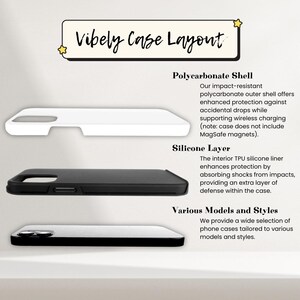 May include: Illustration of a phone case with a white polycarbonate outer shell and a black silicone inner layer. The text "Vibely Case Layout" is at the top of the image. The text "Polycarbonate Shell" is above the white phone case. The text "Silicone Layer" is above the black phone case. The text "Various Models and Styles" is below the black phone case. The text below "Various Models and Styles" reads "We provide a wide selection of phone cases tailored to various models and styles."