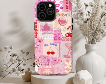 Chique roze Y2K Coquette Collage-telefoonhoesje, Disco Girl, schattig en preppy, iPhone 16 15 14 13 12 11 Pro Max Plus X, Samsung Galaxy S24 S23 S22