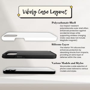 May include: Illustration of a phone case with a white polycarbonate outer shell and a black silicone inner layer. The text "Vibely Case Layout" is at the top of the image. The text "Polycarbonate Shell" is above the white phone case. The text "Silicone Layer" is above the black phone case. The text "Various Models and Styles" is below the black phone case. The text below "Various Models and Styles" reads "We provide a wide selection of phone cases tailored to various models and styles."