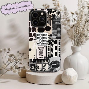 Coque de portable collage rétro noir et blanc MagSafe, esthétique coquette, monochrome, cadeaux pour elle, iPhone 16 15 14 13 12 11 Pro Max 8 Plus X
