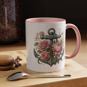 Anchor Pink Flowers Coffee Mug, Nautical Ceramic Cup, Floral Tea Mug, Sailor Drinkware, Ocean Theme Gift, Maritime Anchor Kitchen Decor