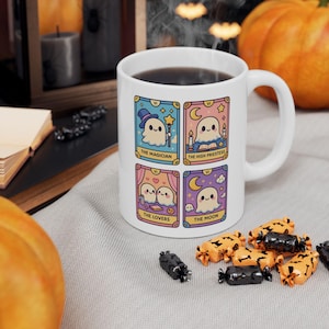 Tarot Card Ghost Mug, Halloween Ceramic Cup, Spooky Tea Coffee Drinkware, Psychic Witch Gift, Occult Halloween Decor