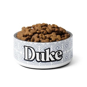 Può includere: Scodella per cani in ceramica bianca con un motivo geometrico blu e bianco e la parola "Duke" in lettere nere. La ciotola è piena di cibo per cani marrone.