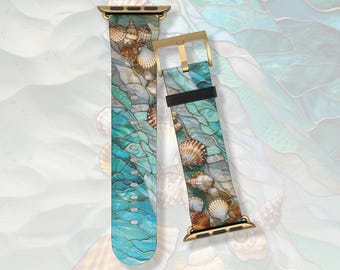 Beach seashells stained glass aesthetic Apple Watch band Series 3 4 5 6 7 8 9 10 11 38mm 40mm 41mm 42mm 44mm 45mm vegan faux leather strap