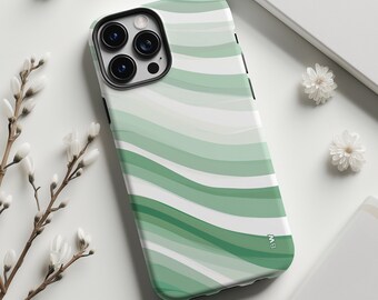 May include: A smartphone case with a green and white wavy pattern. The case has a black camera module and a black border. The design features horizontal stripes of varying shades of green and white.