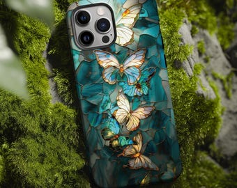 Pretty butterfly stained glass mosaic phone case for iPhone 17 16 15 14 13 12 11 Pro Max X XR XS 8 Samsung S26 S25 S24 S23 S22 Google Pixel
