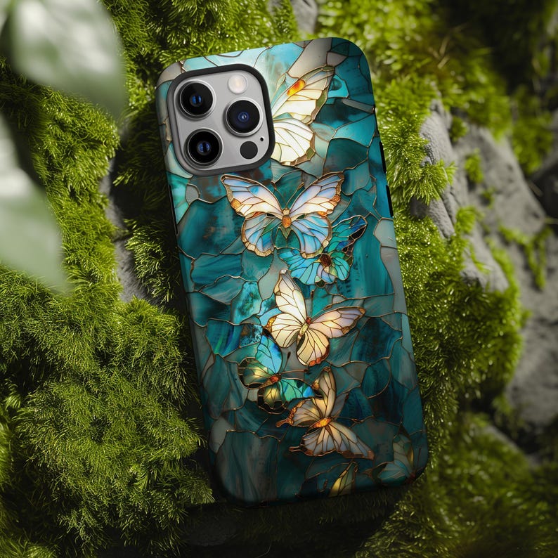 Pretty butterfly stained glass mosaic phone case for iPhone 17 16 15 14 13 12 11 Pro Max X XR XS 8 Samsung S26 S25 S24 S23 S22 Google Pixel image 1