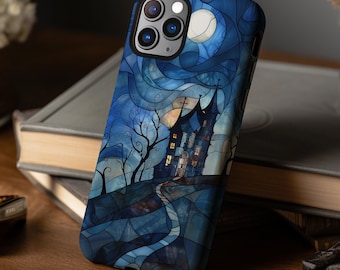 Haunted house stained glass Halloween phone case for iPhone 16 15 14 13 12 11 Pro Max X XR XS 8 Samsung S25 S24 S23 S22 S21 S20 Google Pixel