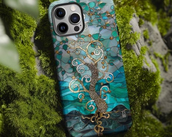 Celtic knotwork tree stained glass mosaic phone case for iPhone 15 14 13 12 11 Pro Max X XR XS 8, Samsung S20 S21 S22 S23 S24, Google Pixel
