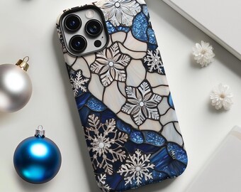 Icy blue and white snowflake winter holiday phone case for iPhone 8 X XR XS 11 12 13 14 15 16 Pro Max Galaxy S21 S22 S23 S24 Google Pixel