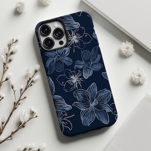 Navy blue floral aesthetic phone case cover for iPhone 8 X XR XS 11 12 13 14 15 16 Pro Max, Samsung Galaxy S25 S24 S23 S22, Google Pixel