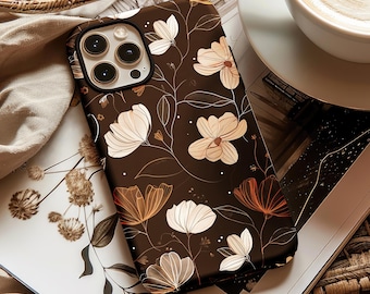 Chocolate brown floral aesthetic phone case cover for iPhone 16 15 14 13 12 11 Pro Max X XR XS 8 Samsung S25 S24 S23 S22 S21 Google Pixel