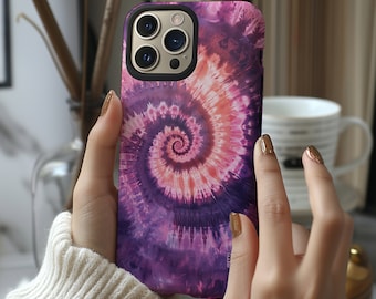 Violet and pink groovy spiral tie dye phone case cover for iPhone 15 14 13 12 11 Pro Max X XR XS 8, Samsung Galaxy S24 S23 S22, Google Pixel