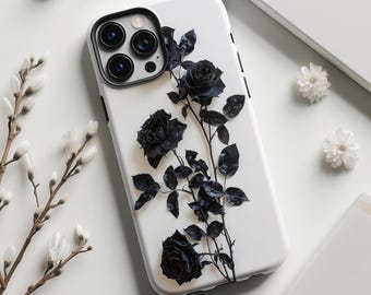 Black roses on white pressed flower print phone case for iPhone 17 16 15 14 13 12 11 Pro Max X XR XS Galaxy S26 S25 S24 S23 S22 Google Pixel