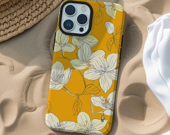 White flowers on yellow aesthetic floral phone case for iPhone 15 14 13 12 11 Pro Max X XR XS 8, Samsung Galaxy S24 S23 S22, Google Pixel