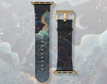 Swirling starry clouds art deco celestial Apple Watch band Series 3 4 5 6 7 8 9 10 11 38mm 40mm 41mm 42mm 44mm 45mm vegan faux leather strap