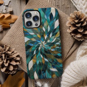 Spiral leaf pattern stained glass mosaic phone case for iPhone 8 X XR XS 11 12 13 14 15 16 Pro Max Samsung S25 S24 S23 S22 S21 Google Pixel