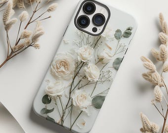 White roses on white pressed flower print phone case for iPhone 16 15 14 13 12 11 Pro Max X XR XS 8 Samsung S25 S24 S23 S22 S21 Google Pixel