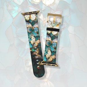 Pretty butterfly stained glass mosaic Apple Watch band Series 3 4 5 6 7 8 9 10 11 SE 38mm 40mm 41mm 42mm 44mm 45mm vegan faux leather strap