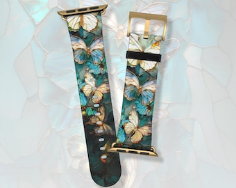 Pretty butterfly stained glass mosaic Apple Watch band Series 3 4 5 6 7 8 9 10 11 SE 38mm 40mm 41mm 42mm 44mm 45mm vegan faux leather strap