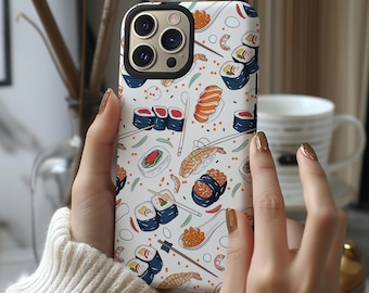 Sushi pattern on white aesthetic phone case cover for iPhone 17 16 15 14 13 12 11 Pro Max X XR XS Samsung S26 S25 S24 S23 S22 Google Pixel