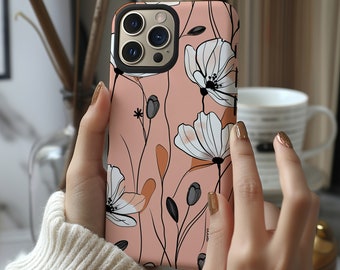 White flowers on peach aesthetic floral phone case for iPhone 8 X XR XS 11 12 13 14 15 Pro Max, Samsung Galaxy S24 S23 S22, Google Pixel