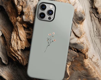 Flower art on gray green cute minimalist phone case for iPhone 16 15 14 13 12 11 Pro Max X XR XS 8 Galaxy S25 S24 S23 S22 S21 Google Pixel