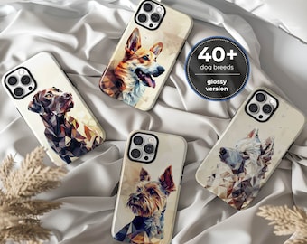 Puede incluir: Cuatro fundas de teléfono diferentes con un diseño geométrico que presenta varias razas de perros. Las fundas son blancas con un acabado brillante y presentan una raza de perro diferente en cada funda. El texto "40+ razas de perros versión brillante" es visible en la imagen.