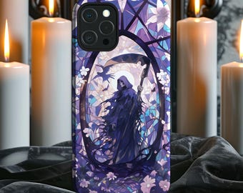 Grim reaper and flowers spooky Halloween phone case for iPhone 17 16 15 14 13 12 11 Pro Max X XS 8 Galaxy S26 S25 S24 S23 S22 Google Pixel
