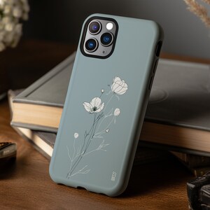 Boho minimalist blue gray floral aesthetic phone case for iPhone 8 X XR XS 11 12 13 14 15 Pro Max, Samsung Galaxy S24 S23 S22, Google Pixel
