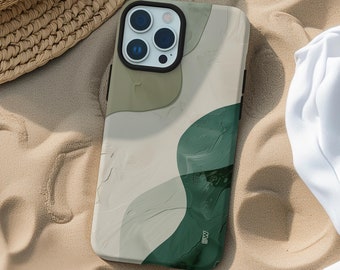 May include: A green and beige phone case with an abstract design. The case has a camera lens cutout and a small logo on the bottom.